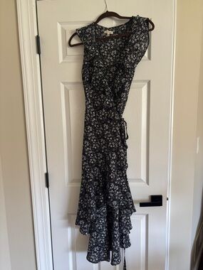 Max Studio Black Floral Asymmetrical Ruffle Wrap Dress